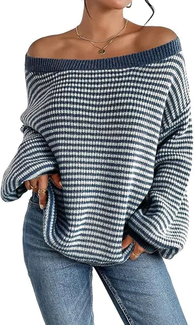 Load image into Gallery viewer, Fronage Oversized Striped Sweaters for Women Fall Fashion 2024 Casual Off The Shoulder Sweater Blue

