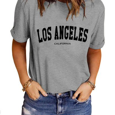 LINDOCITA Womens Los Angeles Graphic Tee Shirts Summer Trendy Cute Short Sleeve T-Shirts for Women Teen Girls Grey XL