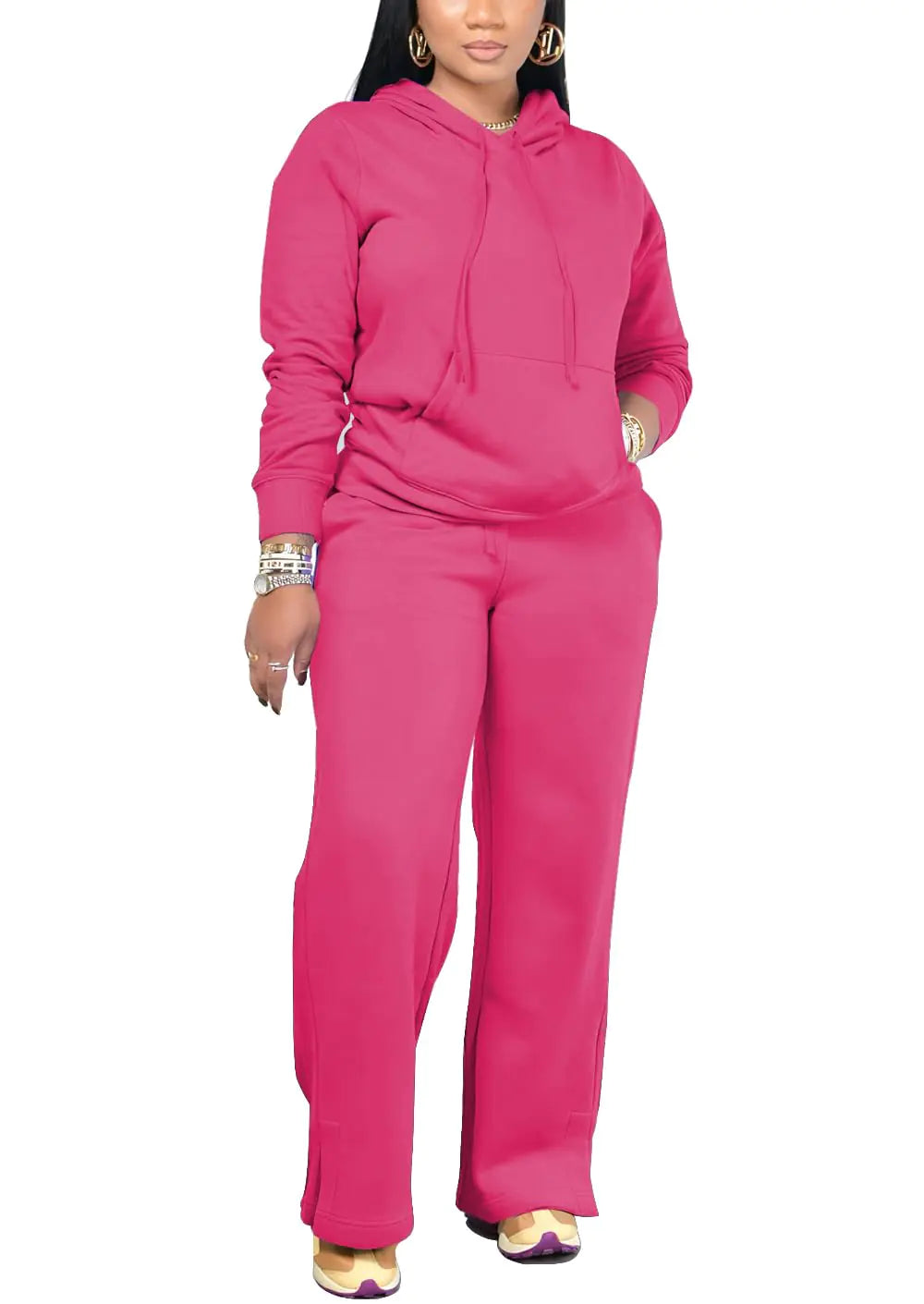 YeGine Womens 2 Piece Outfits Sweatsuits Long Sleeve Lounge Sets Drawstring Hoodies Wide Leg Sweatpants Tracksuit Pink 2XL
