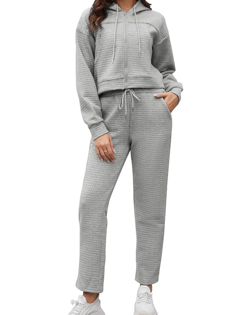 Load image into Gallery viewer, Taurus Womens Sweatsuits 2 Piece Set Zip Up Cropped Hoodie Sweatshirt Drawstring Sweatpants Track Suits Two Piece Outfits with Pockets Grey XL
