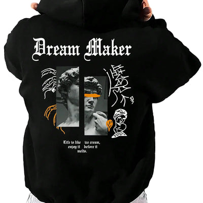 GORGLITTER Mens Slogan Graphic Hoodies Oversized Drawstring Thermal Kangaroo Pocket Sweatshirt Trendy Hoodies 2024 Black Figure X-Small