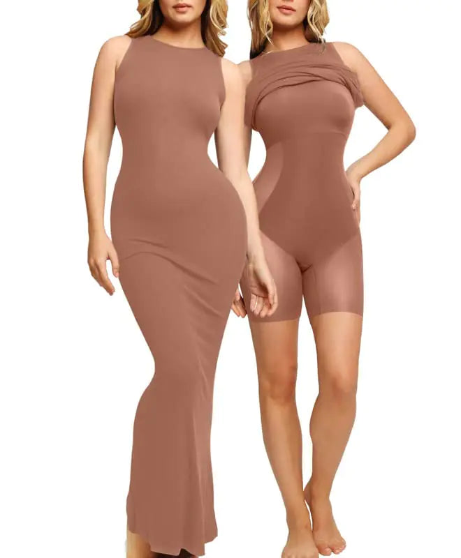 Popilush Shapewear Dress Built in Bra Bodycon Shaper Dress 9 in 1 Crew Neck Sleeveless Maxi Formal Dresses with Zipper Brown 3X-Large