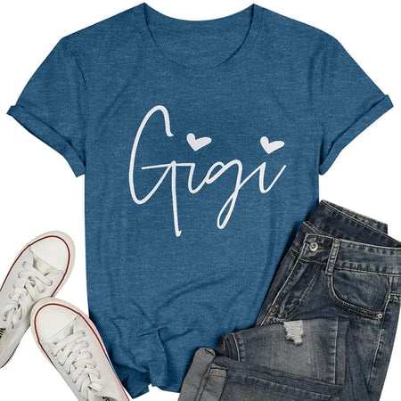 Gigi Shirt Women Grandma T-Shirt Cute Gigi Heart Graphic Tshirt Blessed Grandma Tee Grandma Gifts Short Sleeve Tee Top Blue