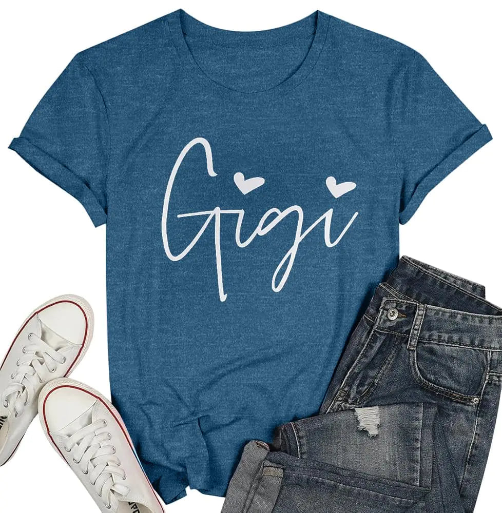 Gigi Shirt Women Grandma T-Shirt Cute Gigi Heart Graphic Tshirt Blessed Grandma Tee Grandma Gifts Short Sleeve Tee Top Blue