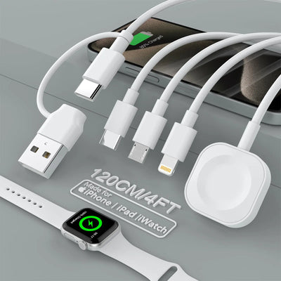Cable cargador 4 en 2 para iWatch y teléfono, cable de carga múltiple para Apple Watch/iPhone/Airpods, cargador de Apple Watch compatible con series 8-1 – cargador de iWatch para viaje con puerto USB C/Lightning/Micro (1,2 m)