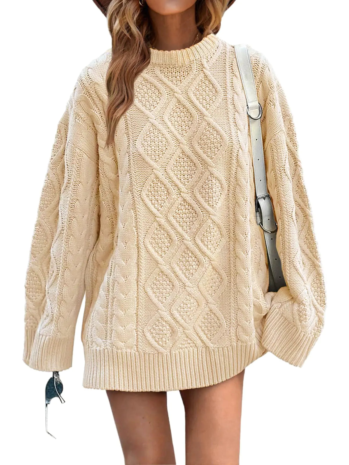Saodimallsu Pulls oversize en tricot torsadé épais à col rond et manches longues pour femme - Abricot