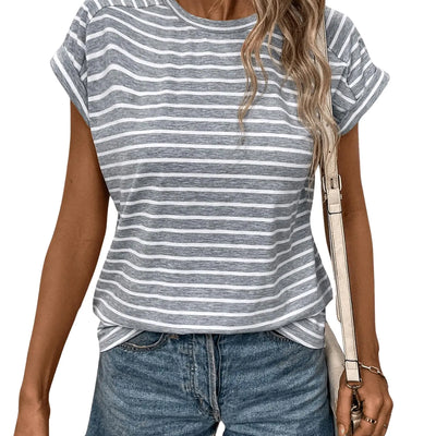 RoseSeek Womens Summer Tee Tops Stripe Cap Sleeve Round Neck Tee Shirt Casual Tunic T Shirt Trendy Grey X-Large