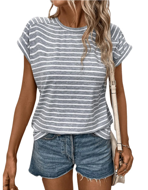 Load image into Gallery viewer, RoseSeek Womens Summer Tee Tops Stripe Cap Sleeve Round Neck Tee Shirt Casual Tunic T Shirt Trendy Grey X-Large
