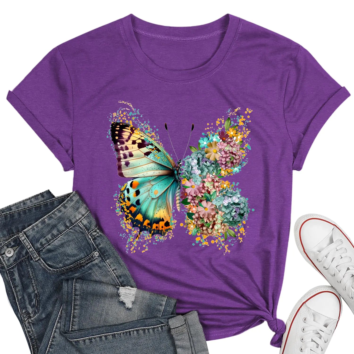 Butterfly Shirts for Women Vintage Floral Tee Shirt Butterfly Graphic Tops Womens Vacation T-Shirt Nature Lover Tee