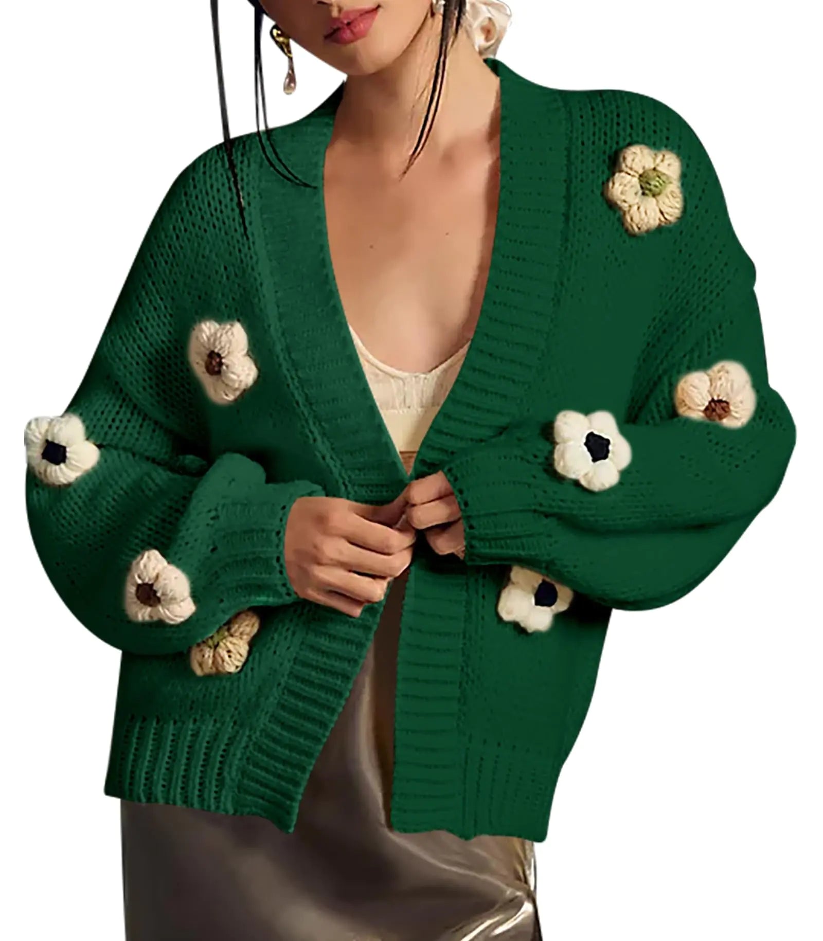 Cakulo Womens 2024 Cardigan Sweaters Fall Oversized Chunky 3D Flower Open Front Knit Cardigans Trendy Dark Green S