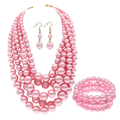 iSPECIALJuego de joyas de imitación de perlas de colores para mujer, collar grueso en capas, pendientes y pulsera, juego de joyas de moda (juego de collar de perlas rosas)