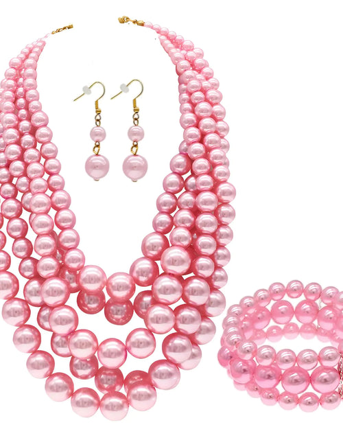Cargar imagen en el visor de la galería, iSPECIALJuego de joyas de imitación de perlas de colores para mujer, collar grueso en capas, pendientes y pulsera, juego de joyas de moda (juego de collar de perlas rosas)
