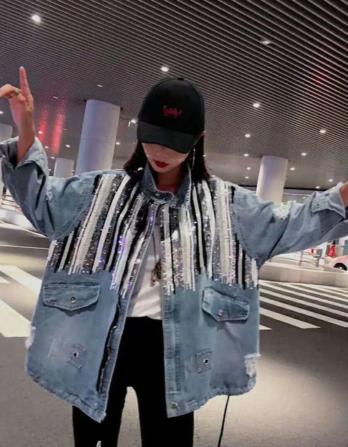 Load image into Gallery viewer, Striped Mid-length Denim Jacket
