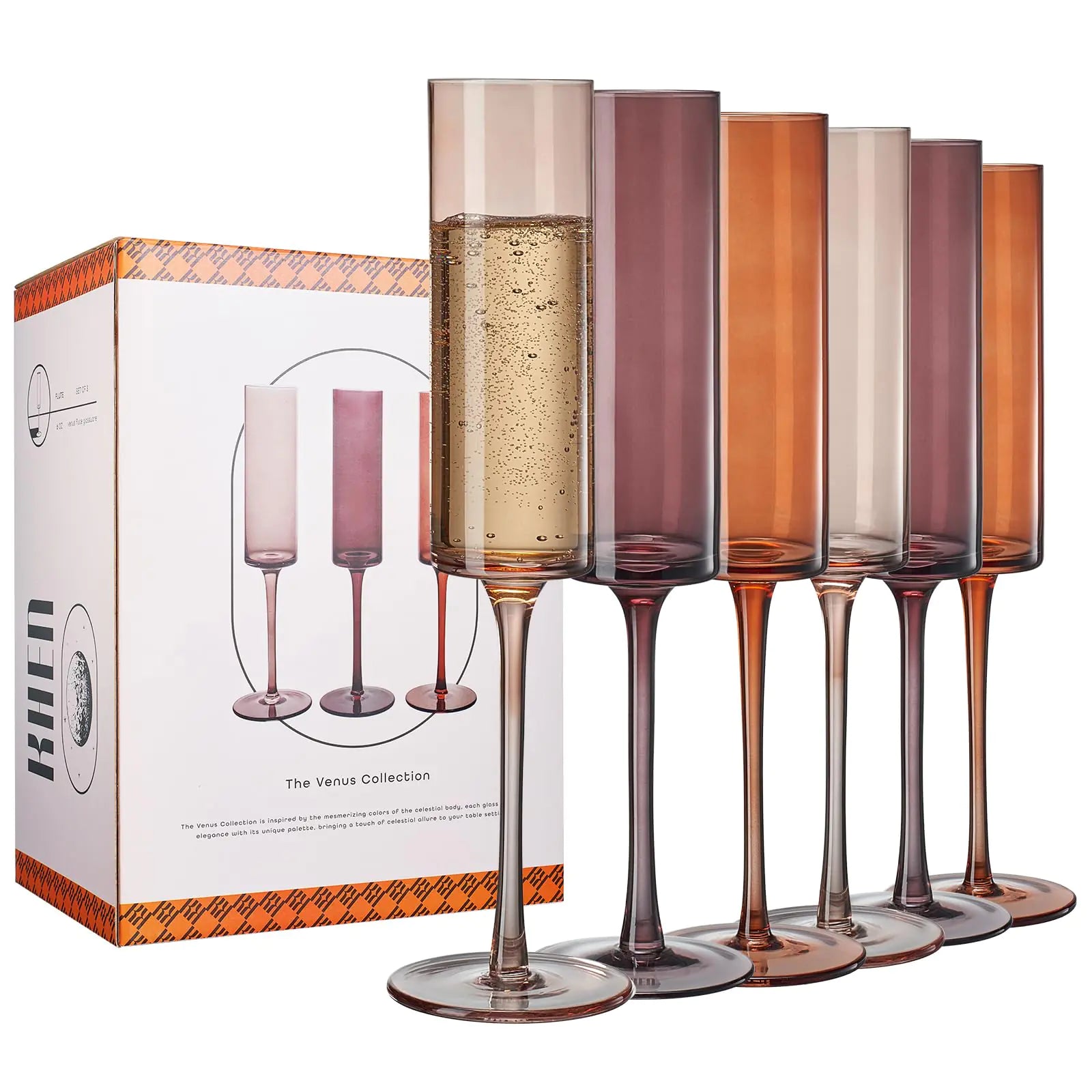 Khen Venus Glasses Luxury Glassware - Set of 6 - Everyday Winter Gift Her Mom Wife Girlfriend Special Celebrations Drinkware Textured Glass Brown Style Amber Colored -Champagne Flute 6oz