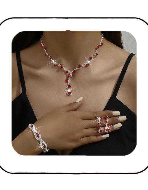 Cargar imagen en el visor de la galería, Conjuntos de Joyas para Novia de Unicra, Conjunto de Collar, Pulsera y Pendientes de Cristal para Novia, Conjunto de Joyas Plateadas para Fiesta de Graduación, Collar Gargantilla de Diamantes de Imitación para Mujeres y Novias (D-Plateado - Rojo)
