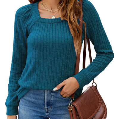 SimpleFun Fall Sweaters for Women Pullover Long Sleeve Square Neck Business Casual Work Tops (Peacock BlueS)