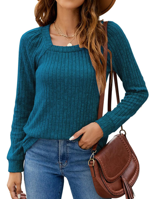 Charger l'image dans la visionneuse de galerie, SimpleFun Pulls d'automne pour femmes Manches longues Col carré Hauts de travail décontractés (Bleu PaonS)

