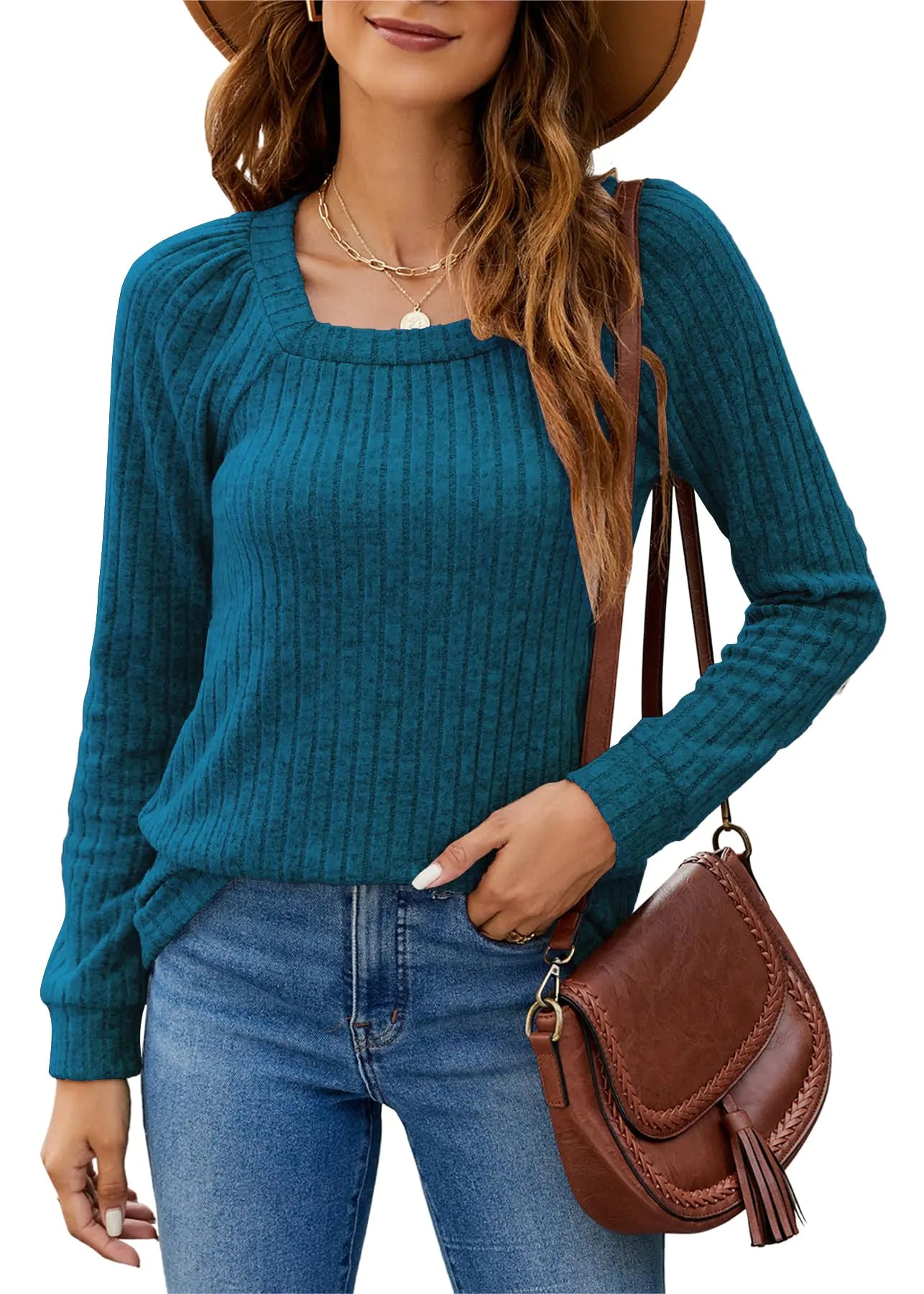 SimpleFun Pulls d'automne pour femmes Manches longues Col carré Hauts de travail décontractés (Bleu PaonS)