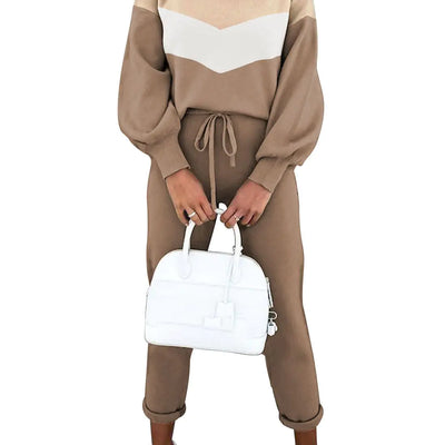 Falvurt Womens 2 Piece Outfits Knitted Sweater Sets Mock Neck Pullover Jogger Pants Sweatsuits Beige X-Large