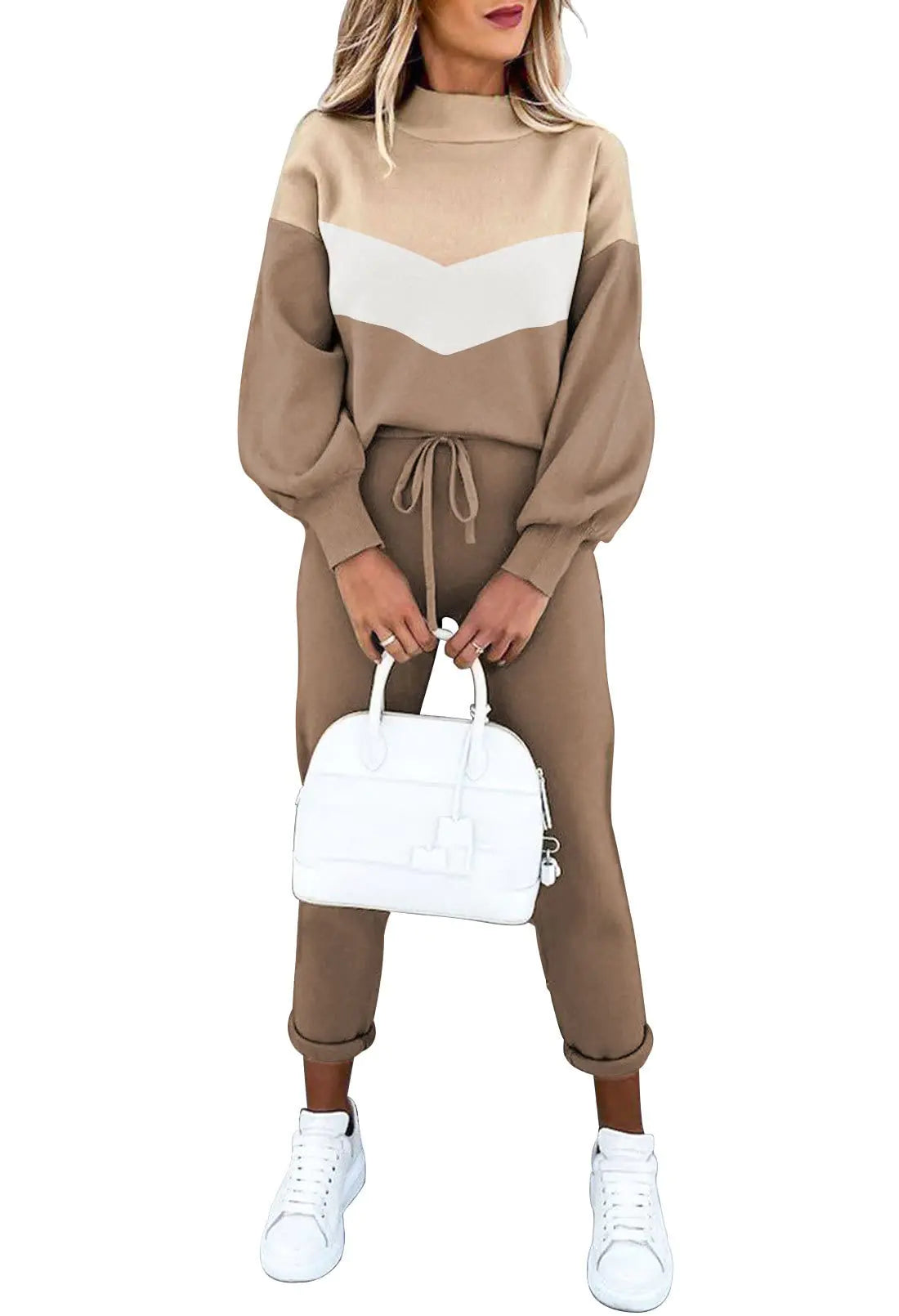 Ensembles 2 pièces pour femme Falvurt, pulls en tricot à col montant et pantalons de jogging, survêtements beige XL