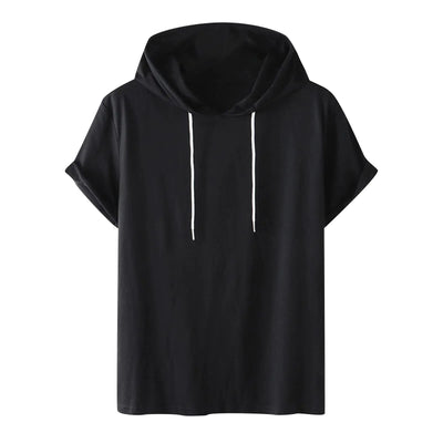 Generic Mens Loose Fit Short Sleeve Active Athletic Hoodie Pullover Sweatshirt Solid Color Drawstring Summer Sports T-Shirt Top Black Medium
