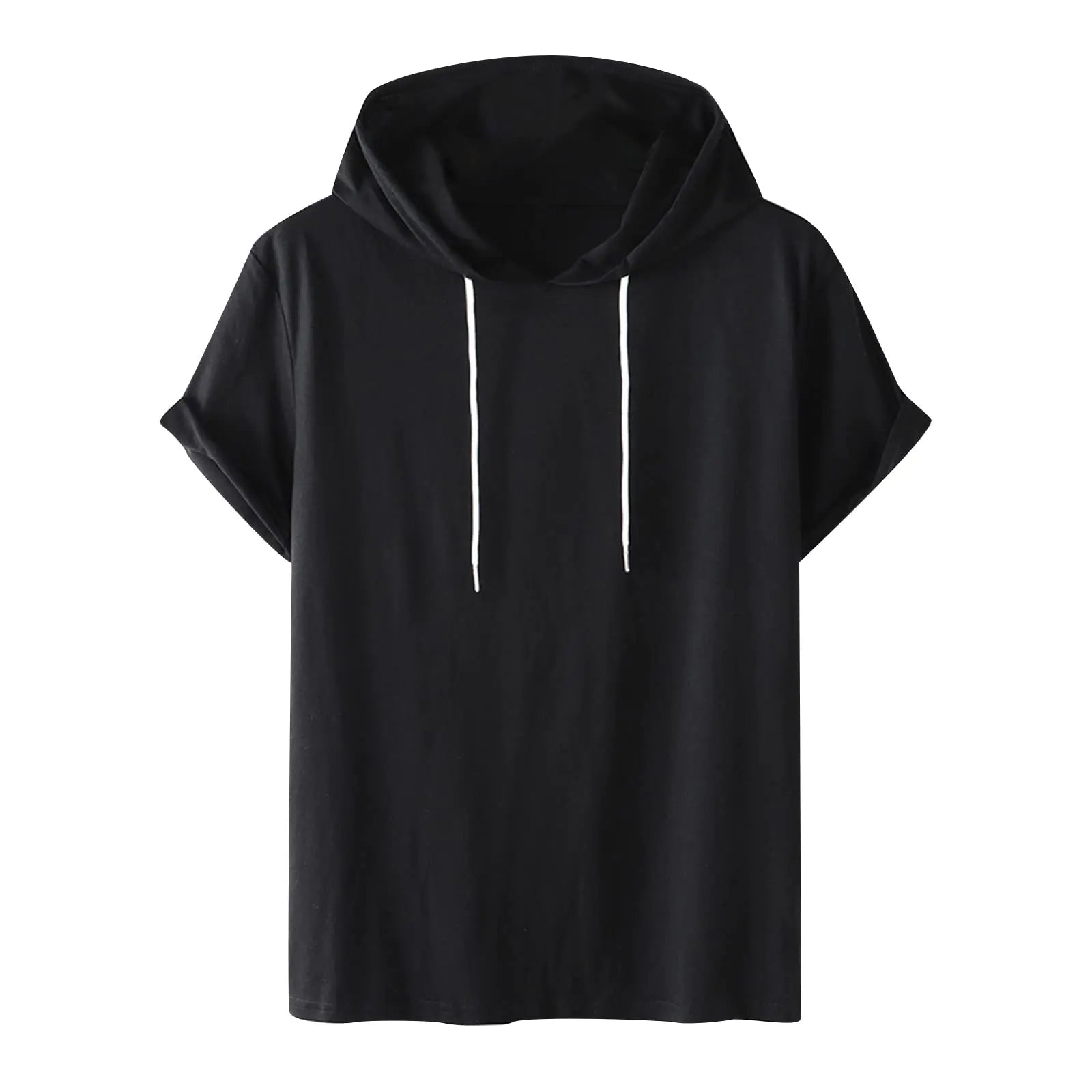Generic Mens Loose Fit Short Sleeve Active Athletic Hoodie Pullover Sweatshirt Solid Color Drawstring Summer Sports T-Shirt Top Black Medium