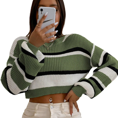 ZAFUL Womens Color Block Striped Sweater Crew Neck Lantern Sleeve Cropped Sweaters Casual Loose Knitted Tops