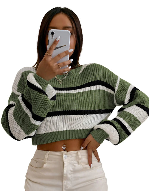 Load image into Gallery viewer, ZAFUL Womens Color Block Striped Sweater Crew Neck Lantern Sleeve Cropped Sweaters Casual Loose Knitted Tops
