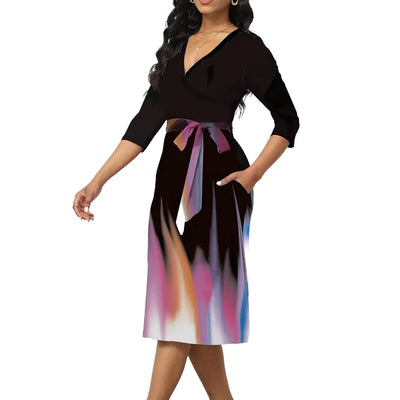 Women Summer Dresses Sexy Deep V Neck Floral Midi Dresses 3/4 Sleeves Print Cocktail Party Wrap A-Line Maxi Dress with Pocktes Ombre Multicolor L
