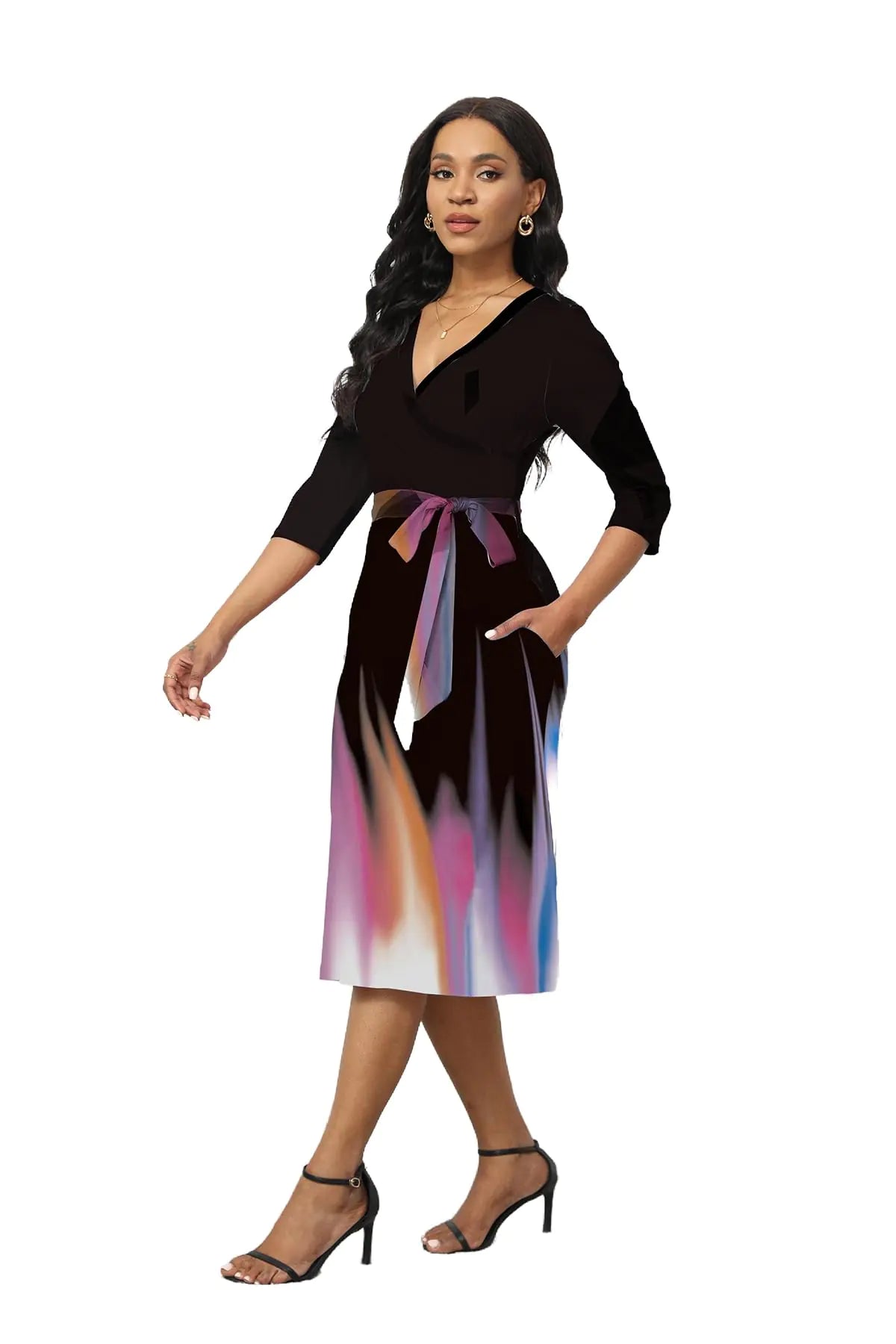 Women Summer Dresses Sexy Deep V Neck Floral Midi Dresses 3/4 Sleeves Print Cocktail Party Wrap A-Line Maxi Dress with Pocktes Ombre Multicolor L