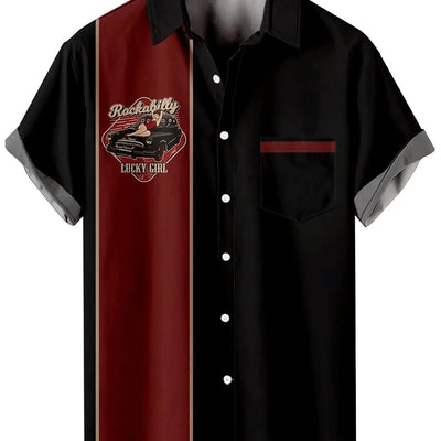 Mens 50s Vintage Bowling Shirts Short Sleeve Rockabilly Style Print Casual Button Down Shirts Tops