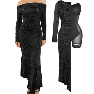 Popilush Sparkly Dresses for Women Off The Shoulder Shapewear Mermaid Dress Bodycon Long Sleeve Cocktail Prom Dresses Black