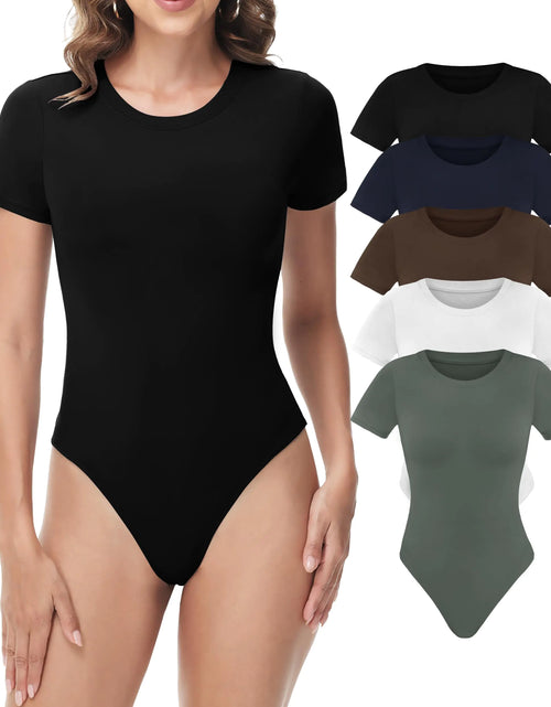 Load image into Gallery viewer, 5 Pack Bodysuits for Women - Stretchy Bodysuit Womens Tops Round Neck Body Suit T Shirts for Women Going Out Tops
