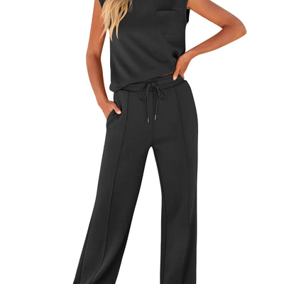 ANRABESS Womens Summer 2 Piece Outfits Casual Sleeveless Sweatsuits Matching Wide Leg Tracksuits Lounge Sets Fashion Clothes Black Small