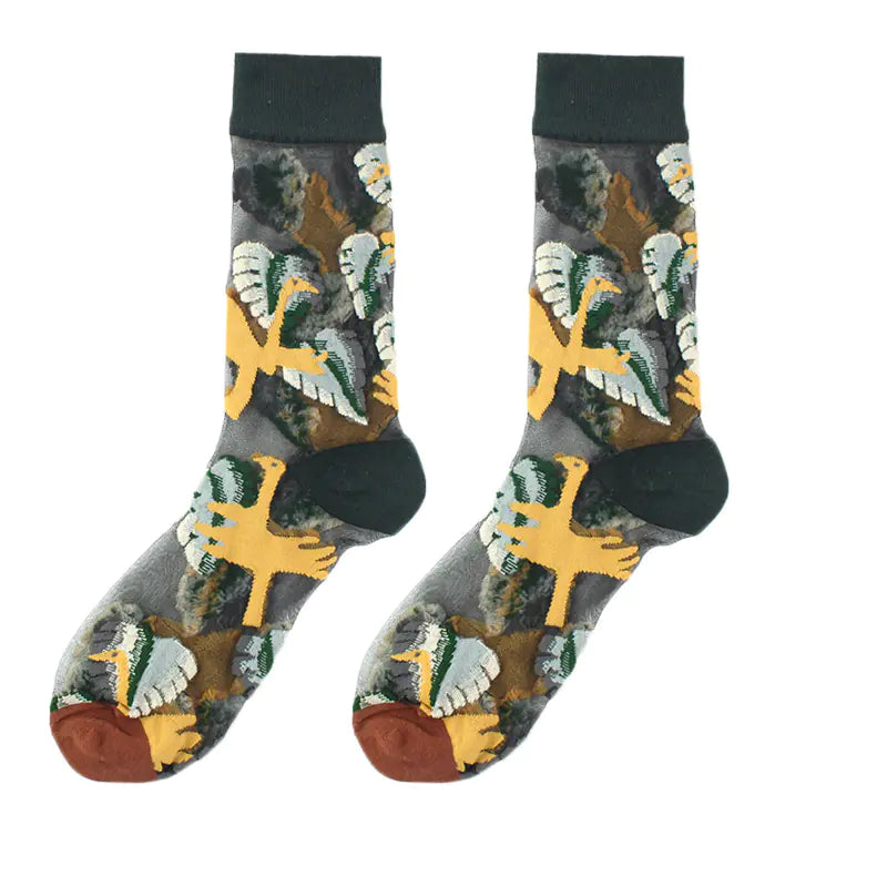 Fashionable Thin Mid Tube Flower Forest Glass Stockings