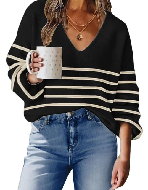 Load image into Gallery viewer, Womens Long Sleeve V Neck Sweaters Striped Knit Tops Casual Lightweight Pullover Sweater
