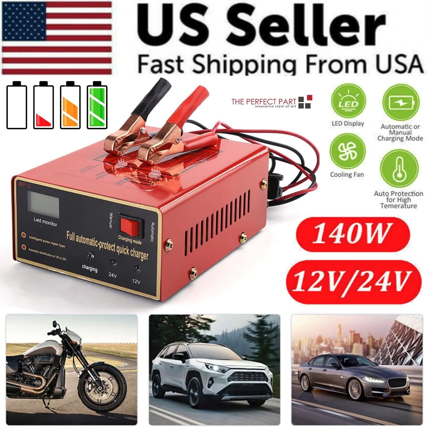 Cargador de batería sin mantenimiento 12V/24V 10A 140W de salida para coche eléctrico Pro