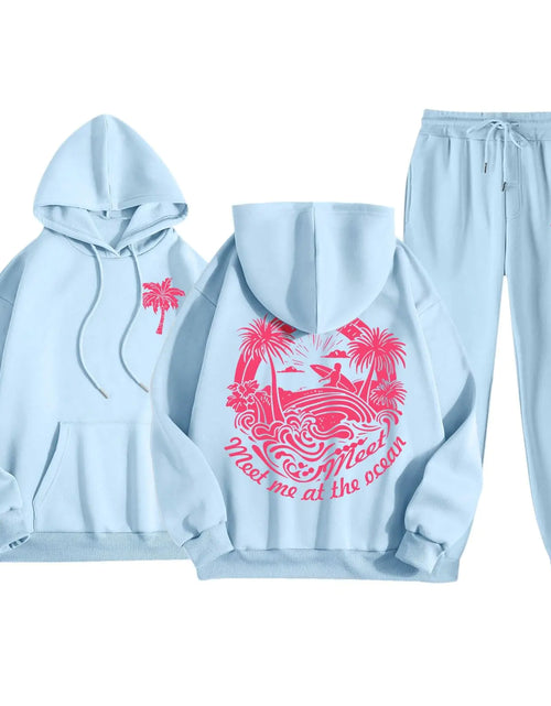 Load image into Gallery viewer, Cute Pink Graphic Sweatsuits 2 Piece Outfit Fall Fashion 2024 Preppy Hoodie and Sweatpants Graphic Tracksuit Sets Teen Girls Graphic Hoodies for Women Warehouse Amazon WarehouseBlue
