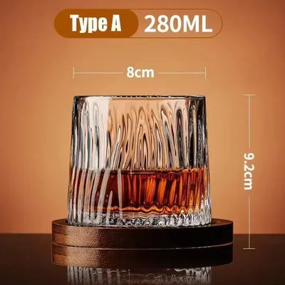 Vintage Spin Whiskey Glass Set with Bamboo Coaster – Stress-Relief Rotating Design