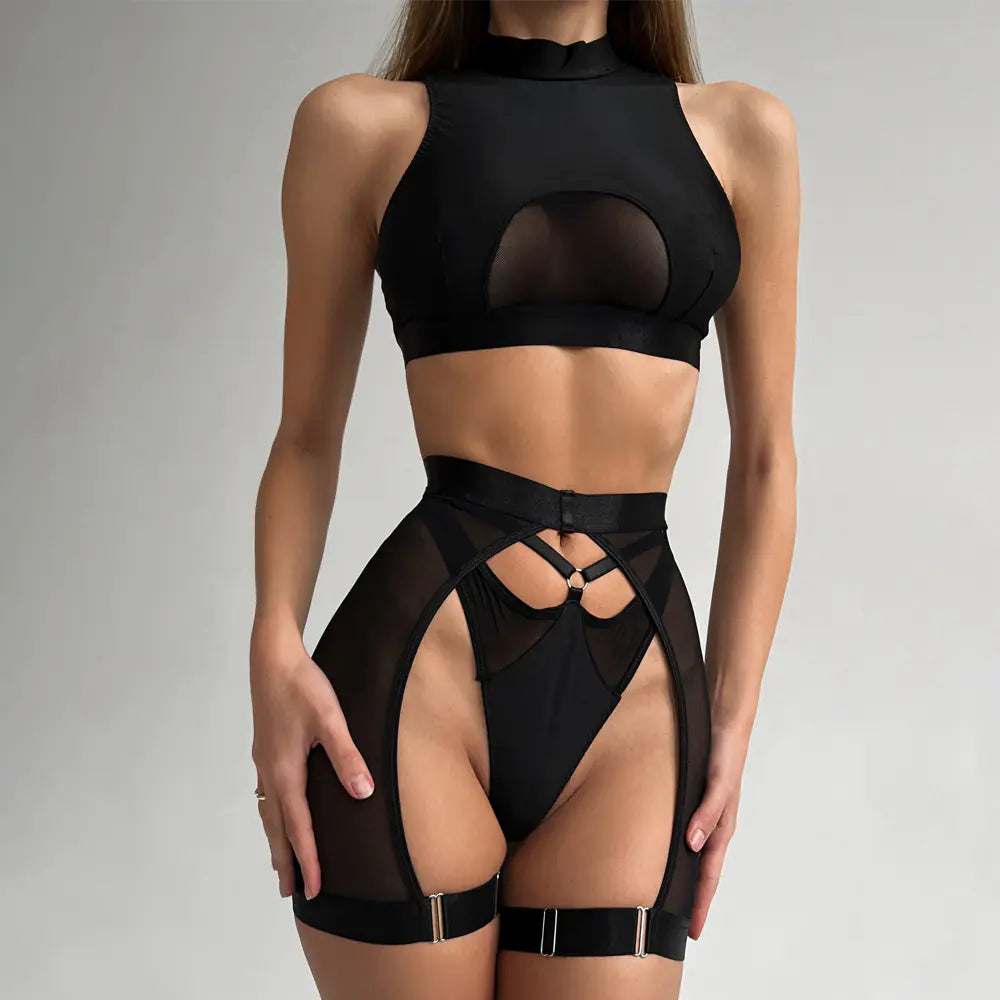 Fashionable Black Wireless Lingerie Set - 3 Pieces