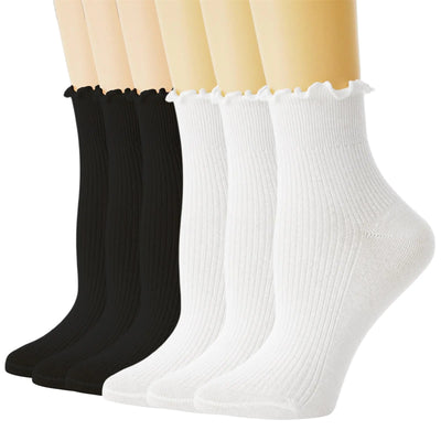 TOAMOUR Chaussettes à volants pour femme, lot de 6 paires de chaussettes d'équipage à revers en coton, chaussettes courtes à froufrous, chaussettes montantes blanches à bord ondulé