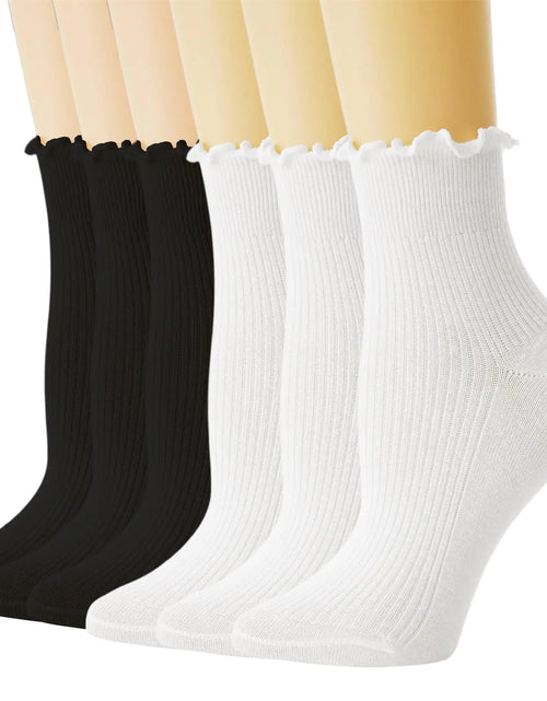 Load image into Gallery viewer, TOAMOUR Womens Ruffle Socks 6 Pairs Turn-Cuff Crew Socks Cotton Frilly Ankle Socks White Lettuce Edge Boot Socks
