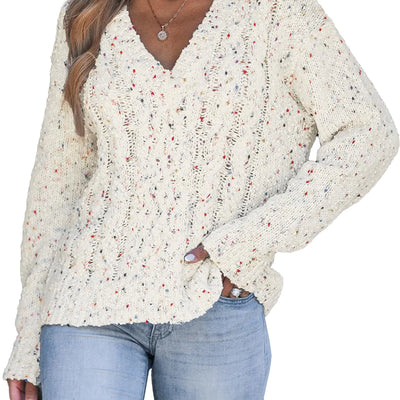 CUPSHE Womens V Neck Sweaters Cable Knit Long Sleeve Pullover Jumper Tops White S