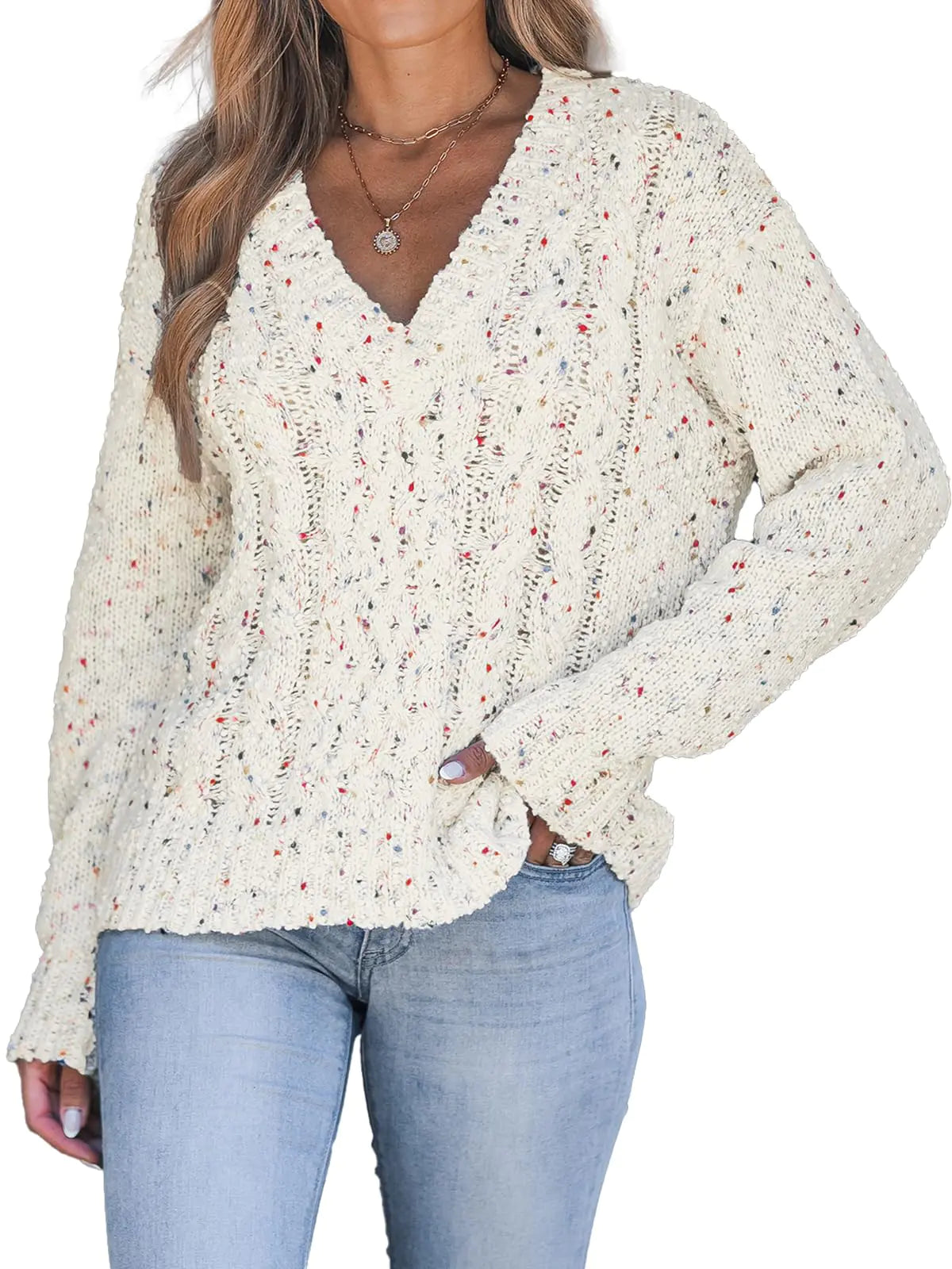 CUPSHE Womens V Neck Sweaters Cable Knit Long Sleeve Pullover Jumper Tops White S