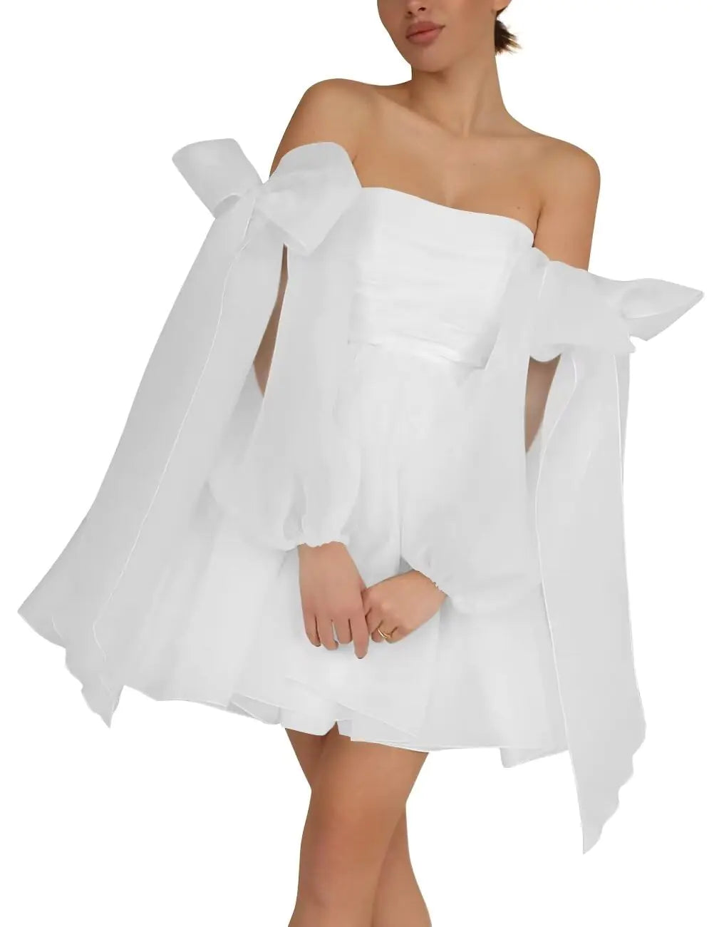 Off The Shoulder Organza Homecoming Dresses Bow Tie Long Sleeve Prom Dresses Short A-Line Formal Cocktail Party Gown White US04