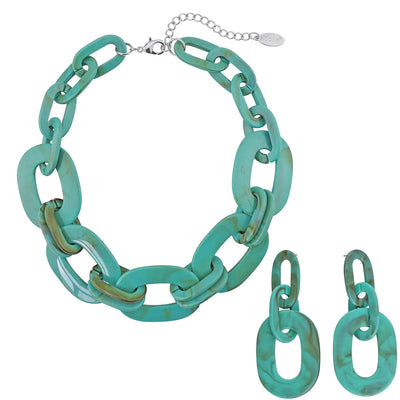 Collar babero grueso acrílico con eslabones cúbicos y pendientes de aro Bocar para mujer, conjunto de joyería de disfraz (NK-10667-Aqua Sky)