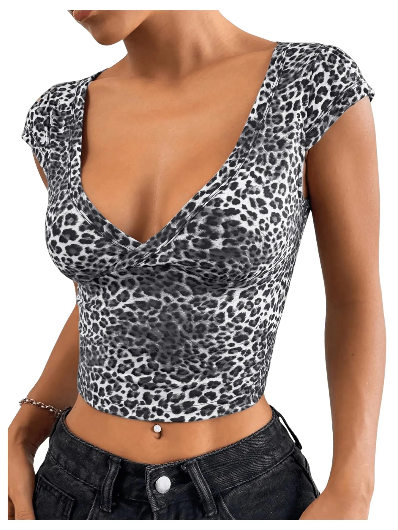 Floerns Femme T-shirts à Manches Courtes Imprimé Léopard Col en V Y2k Crop Top Tee Shirts Gris S
