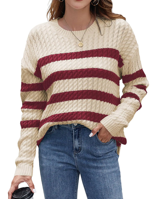 Load image into Gallery viewer, ZAFUL Womens Striped Sweaters Casual Crew Neck Long Sleeve Pullover Oversized Cable Knit Loose Jumper Tops

