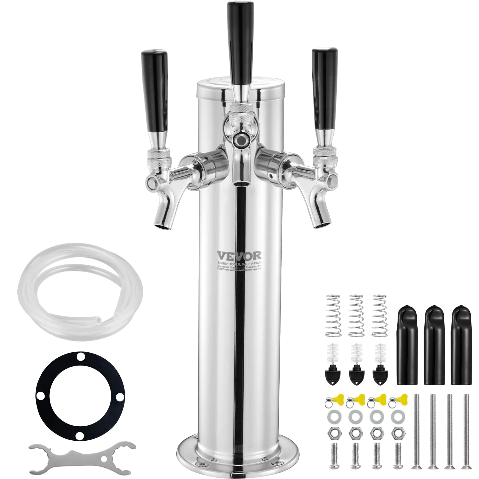 VEVOR Triple Taps Draft Beer Tower Dispenser Stainless Steel Keg Beer Tower Kegerator Tower Kit with Pre-Assembled Tubing and Self-Closing Faucet Shanks for Party Bar Pub Restaurant