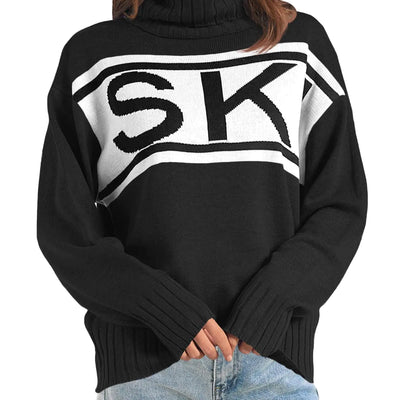 Saodimallsu Suéteres de cuello alto para mujer con estampado de esquí, manga larga, corte holgado, punto acanalado, bloques de color, tops de moda, negro